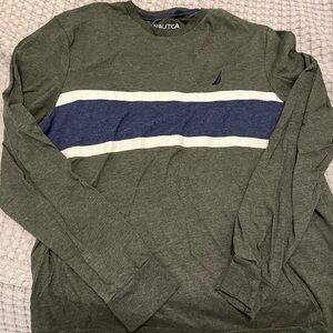 Nautica Green Long Sleeve Shirt with Blue Stripe